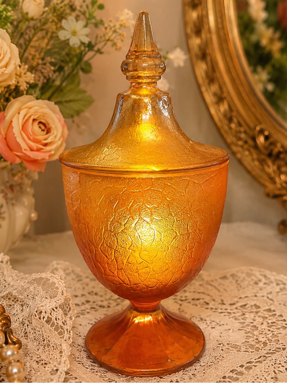 Jeannette Marigold Carnival Glass Apothecary Jar Fairy Lamp | Steeple Finial